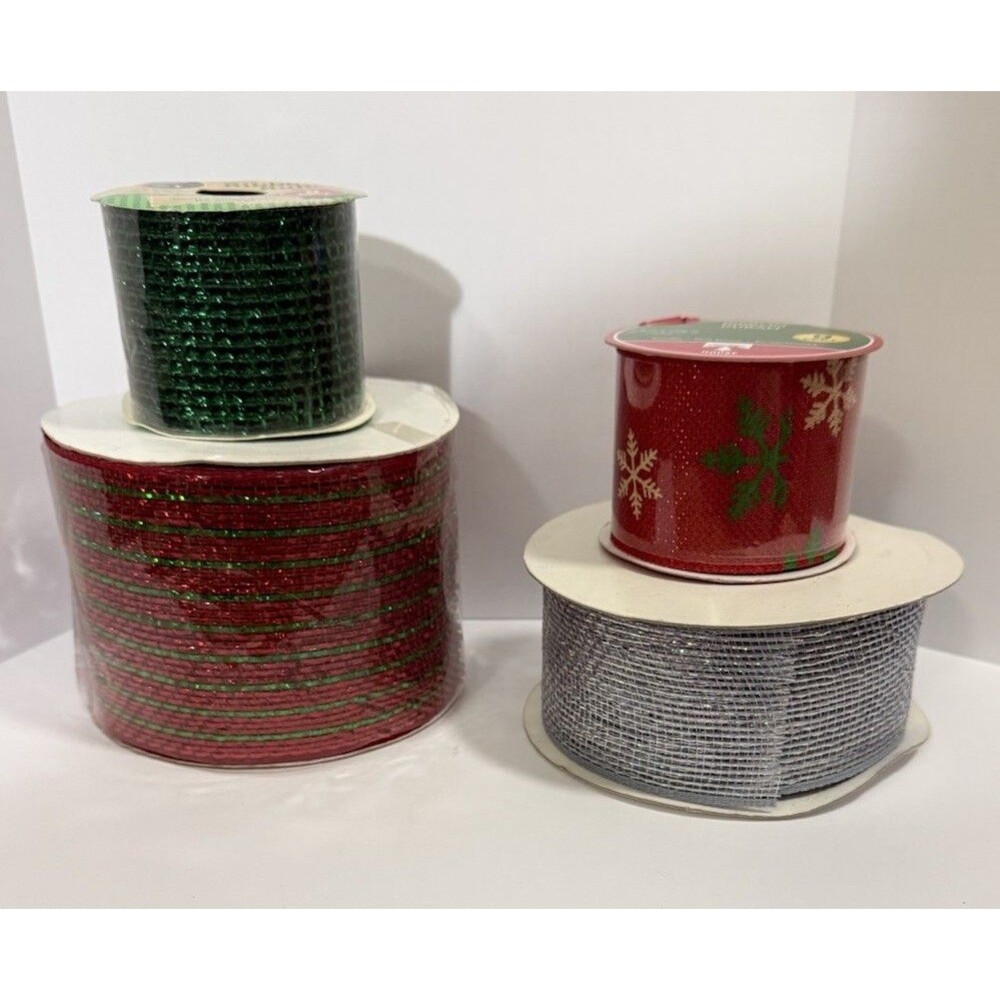 Lot of 4 Christmas Holiday Craft Ribbons Red Green Silver Glitter Mesh New